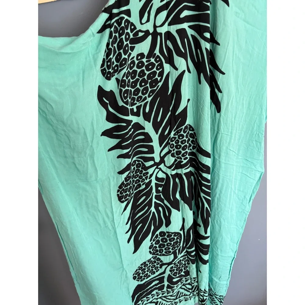 Casual Movements Turquoise Black Tropical Leaf Rayon Sarong Wrap One Size